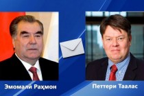 رسالة تهنئة من بيتري تالاس ، الأمين العام للمنظمة العالمية للأرصاد الجوية ، إلى إمام علي رحمان ، رئيس جمهورية طاجيكستان