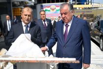 Лидер нации Эмомали Рахмон в городе Бустон открыл завод по производству газоблока «Хишти муосири аълосифат»