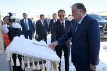 Пешвои миллат Эмомалӣ Раҳмон дар деҳоти Сӯҷинаи шаҳри Панҷакент корхонаи истеҳсоли шиферро ифтитоҳ намуданд